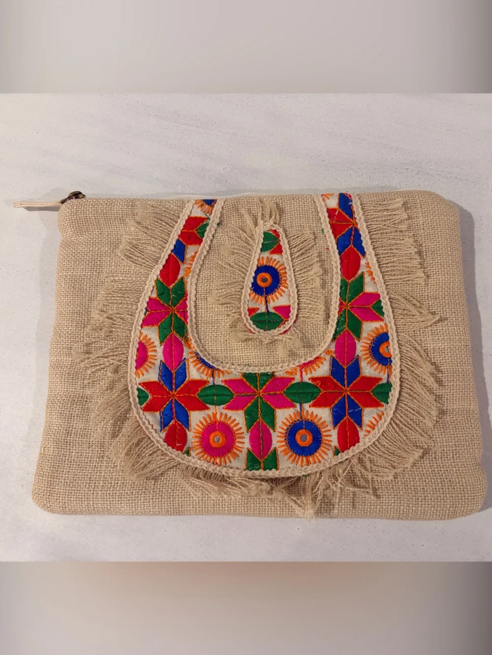 Embroidered Natural Colored Jute  Zip Clutch with Multicolor Motif